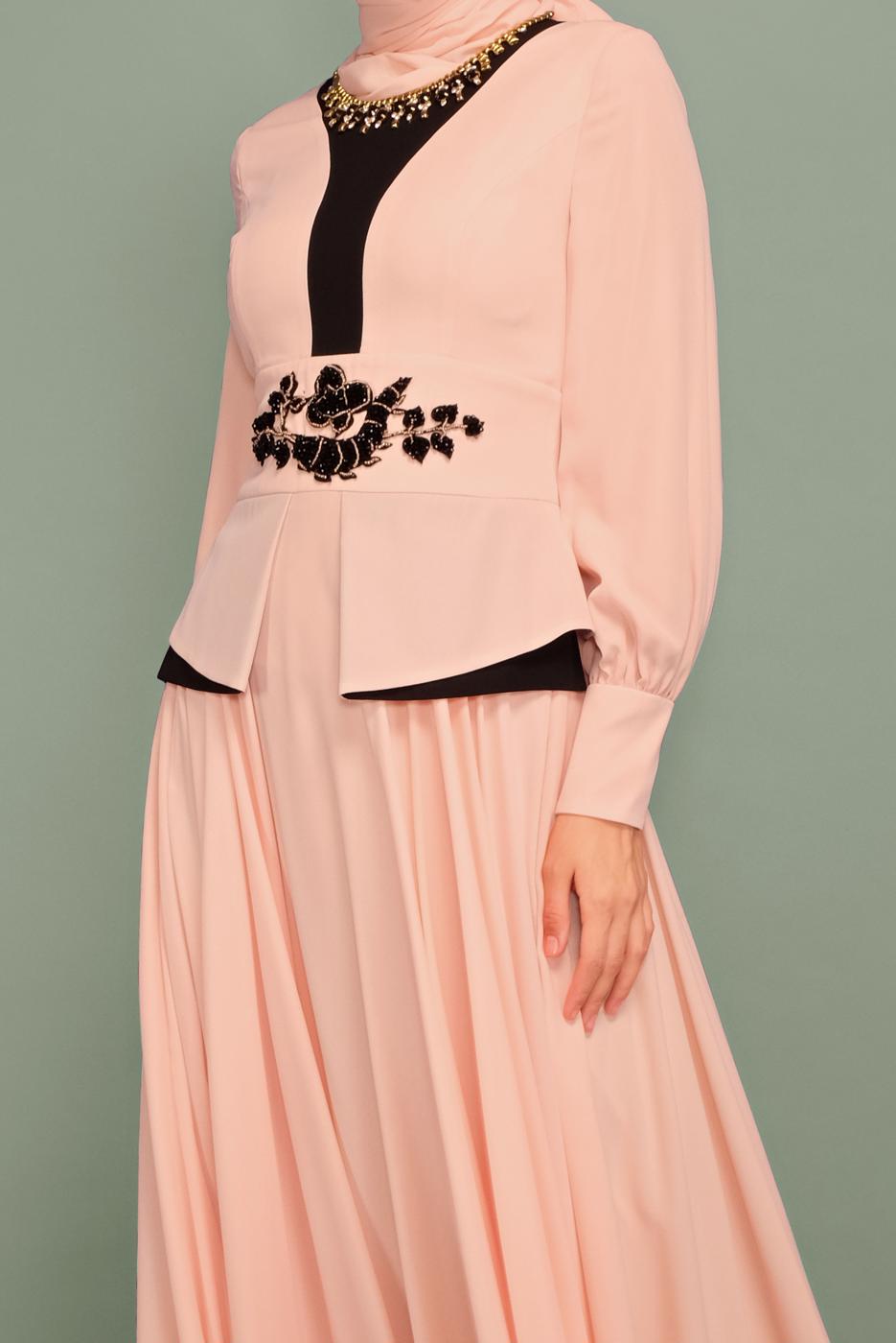 Tesettür giyim PUDRA NAKIŞ İŞLEMELİ BONCUKLU ABİYE T 5957