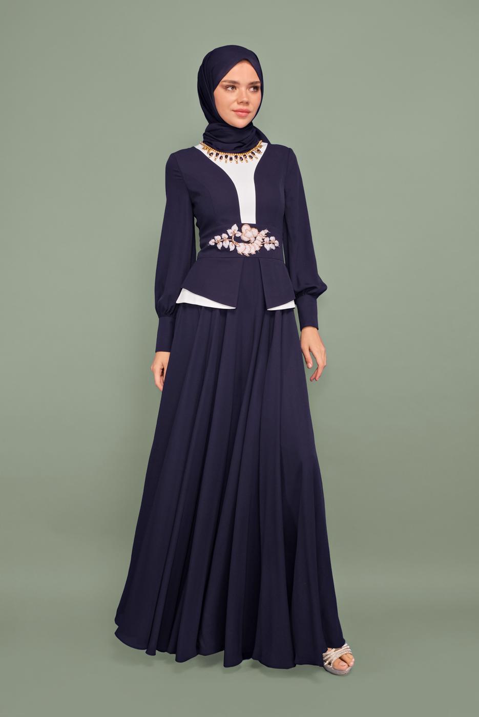 Tesettür giyim LACİVERT NAKIŞ İŞLEMELİ BONCUKLU ABİYE T 5957