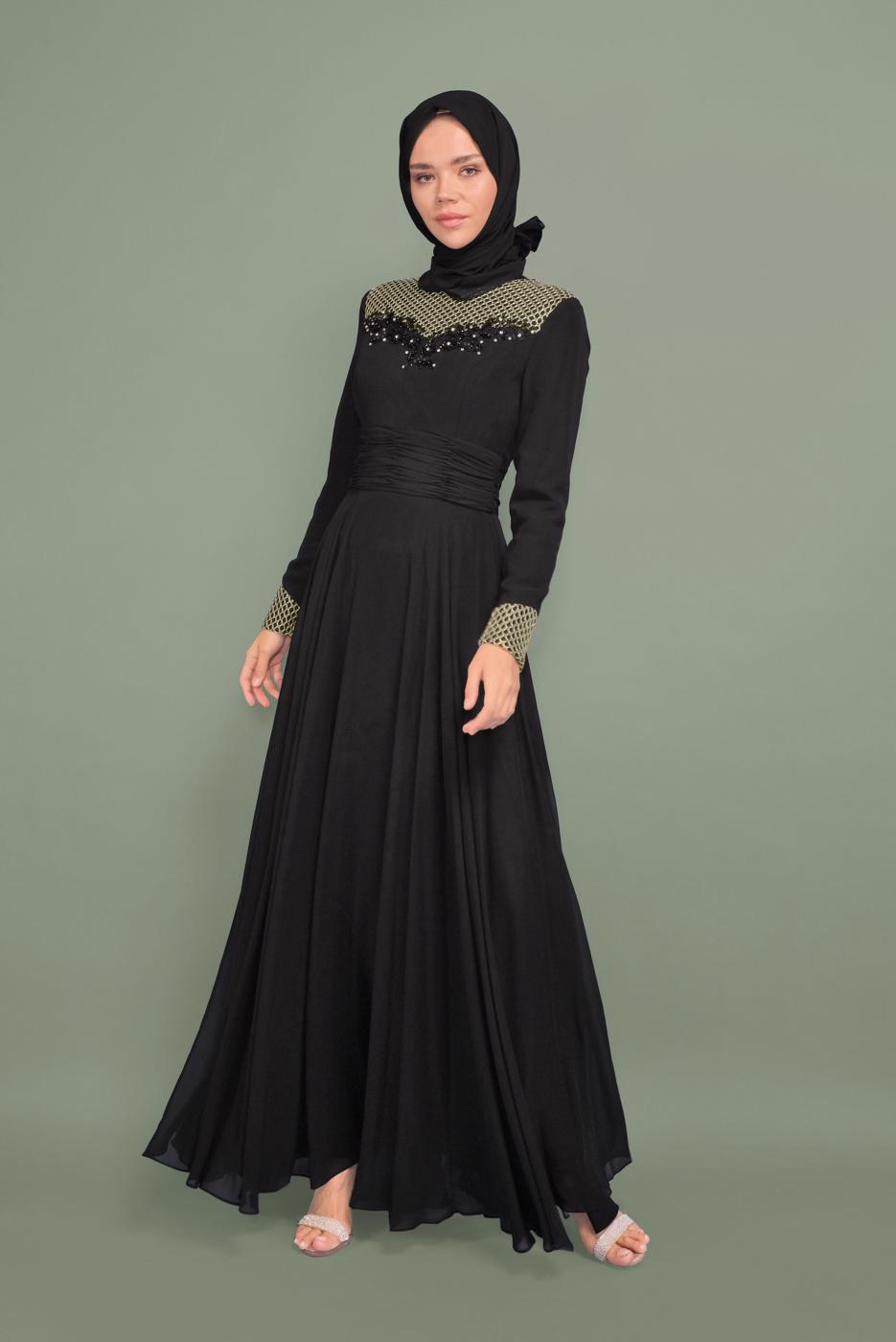 Tesettür giyim SİYAH YALDIZ DETAYLI ABİYE ELBİSE T 5967