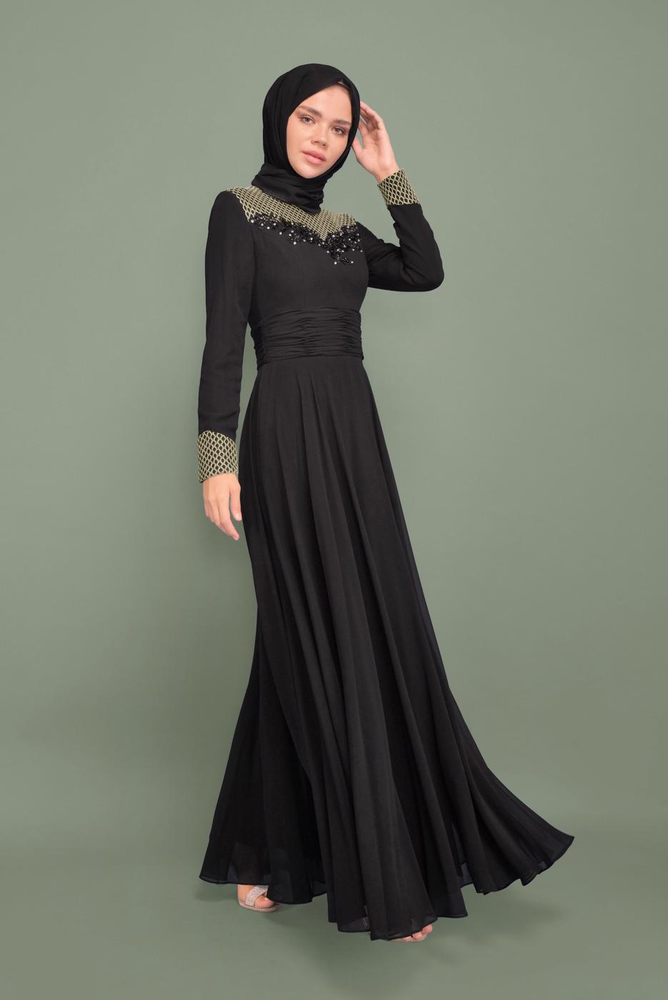 Tesettür giyim SİYAH YALDIZ DETAYLI ABİYE ELBİSE T 5967