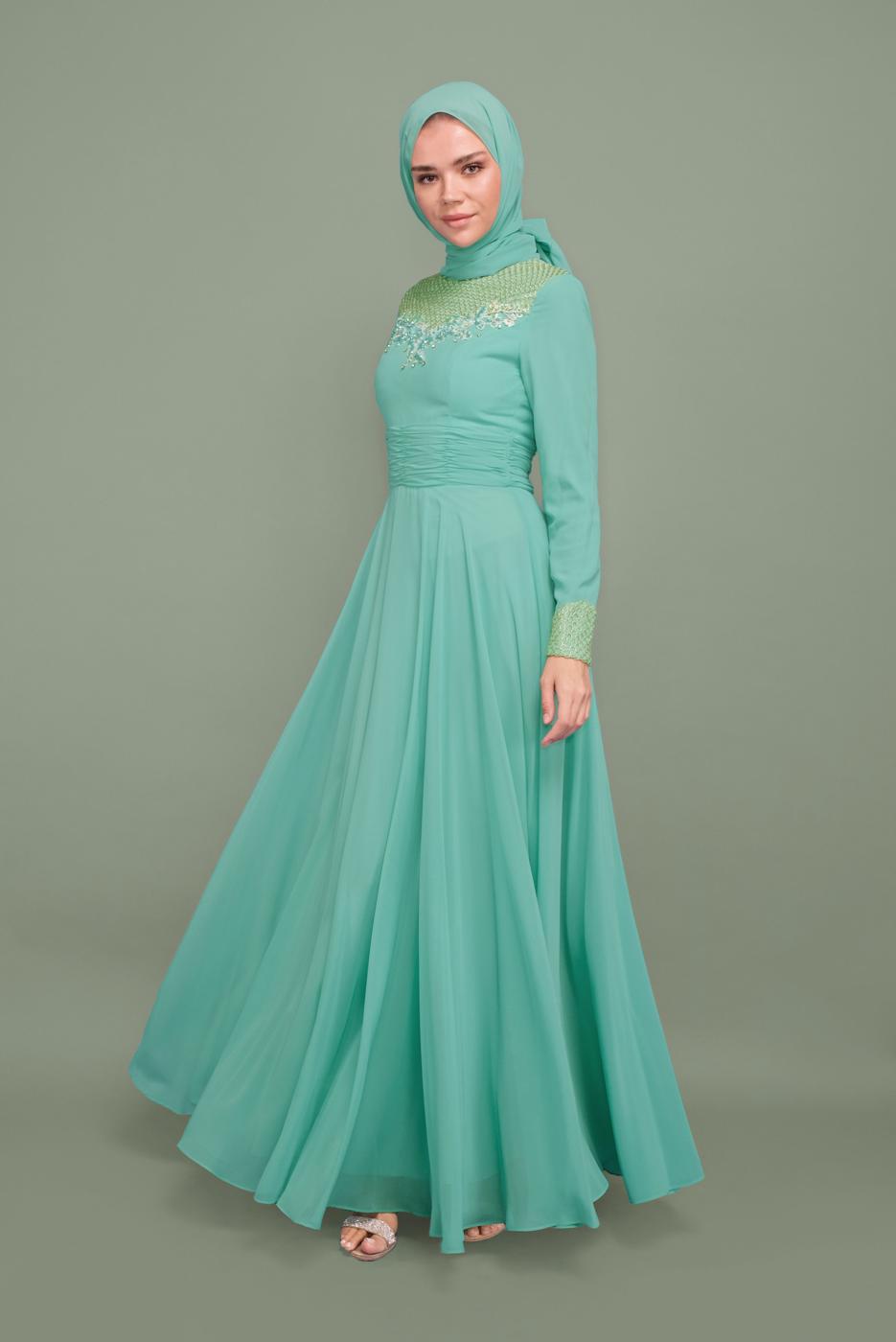 Tesettür giyim YEŞİL YALDIZ DETAYLI ABİYE ELBİSE T 5967