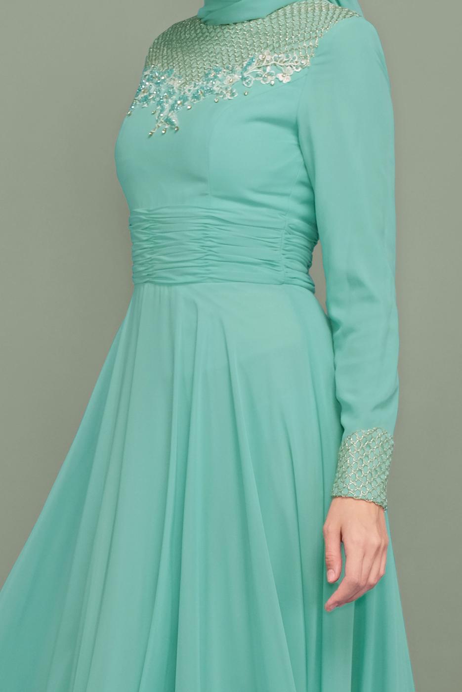 Tesettür giyim YEŞİL YALDIZ DETAYLI ABİYE ELBİSE T 5967