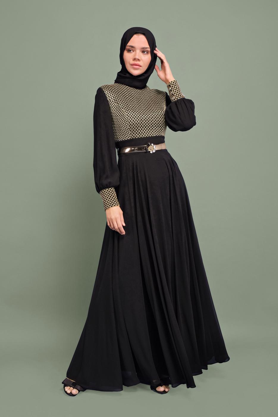 Tesettür giyim SİYAH YALDIZLI ŞİFON ABİYE T 5969 