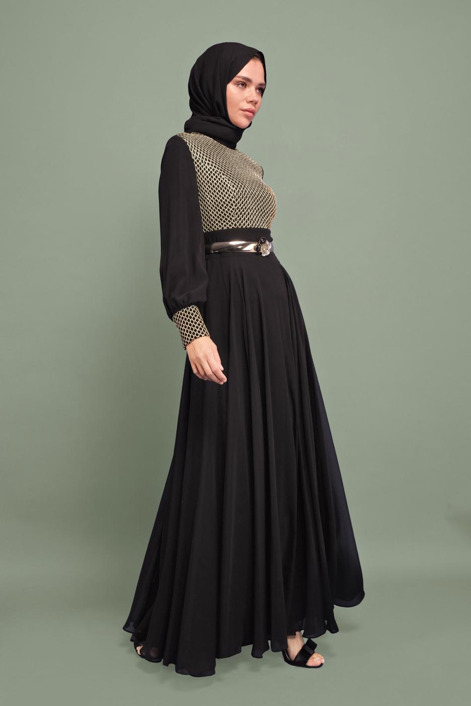 Tesettür giyim SİYAH YALDIZLI ŞİFON ABİYE T 5969 