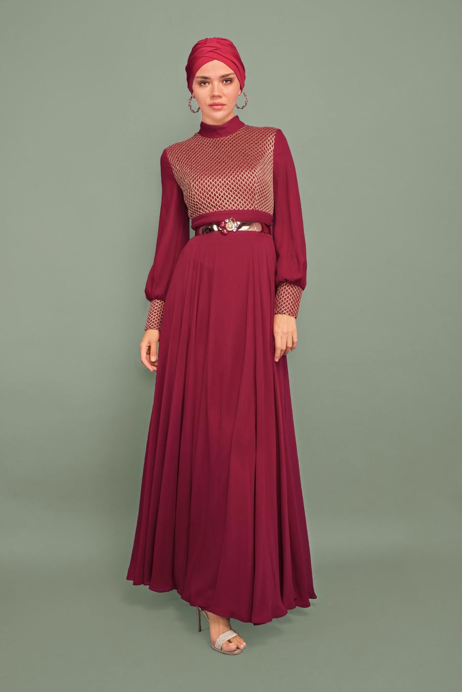 Tesettür giyim BORDO YALDIZLI ŞİFON ABİYE T 5969 