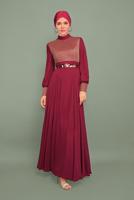 Tesettür giyim BORDO YALDIZLI ŞİFON ABİYE T 5969 