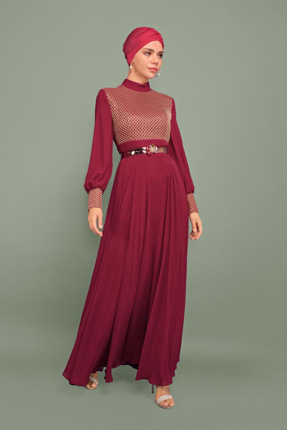 Tesettür giyim BORDO YALDIZLI ŞİFON ABİYE T 5969 