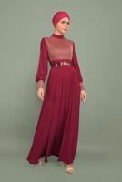 Tesettür giyim BORDO YALDIZLI ŞİFON ABİYE T 5969 