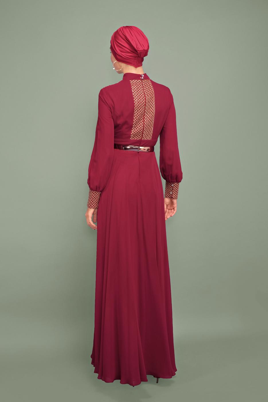 Tesettür giyim BORDO YALDIZLI ŞİFON ABİYE T 5969 