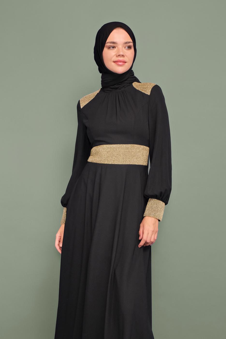 Tesettür giyim SİYAH YALDIZLI HAKİM YAKA ABİYE T 5970 