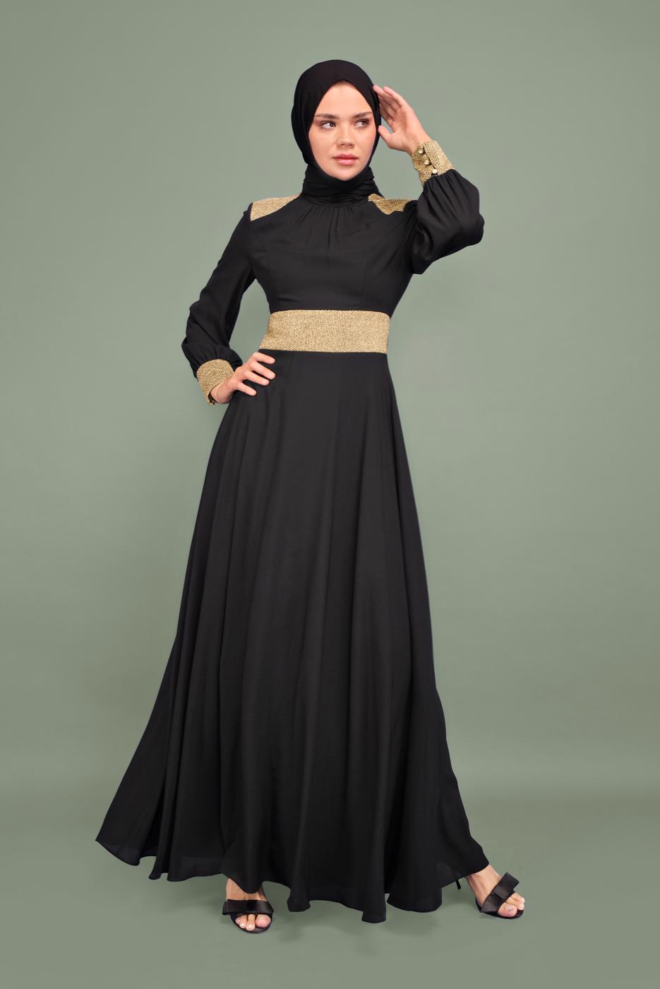 Tesettür giyim SİYAH YALDIZLI HAKİM YAKA ABİYE T 5970 