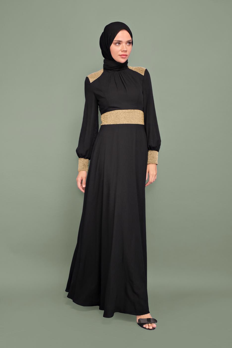 Tesettür giyim SİYAH YALDIZLI HAKİM YAKA ABİYE T 5970 