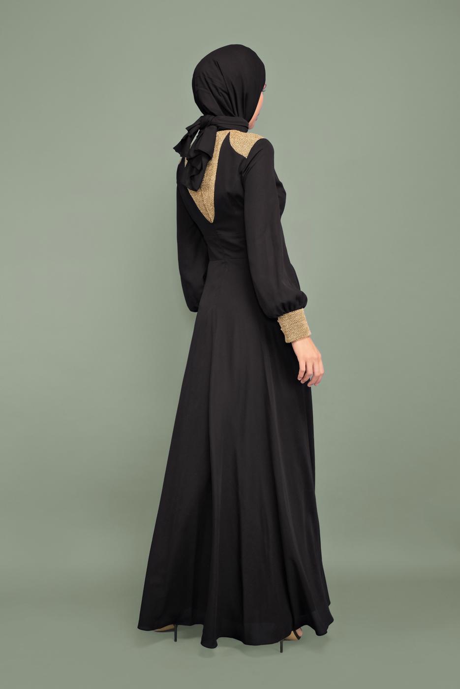 Tesettür giyim SİYAH YALDIZLI HAKİM YAKA ABİYE T 5970 