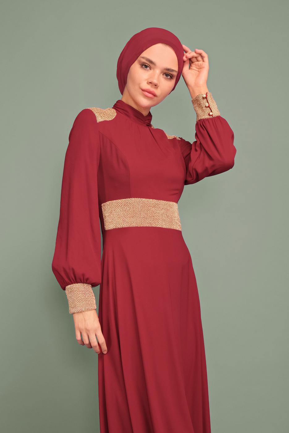 Tesettür giyim BORDO YALDIZLI HAKİM YAKA ABİYE T 5970 