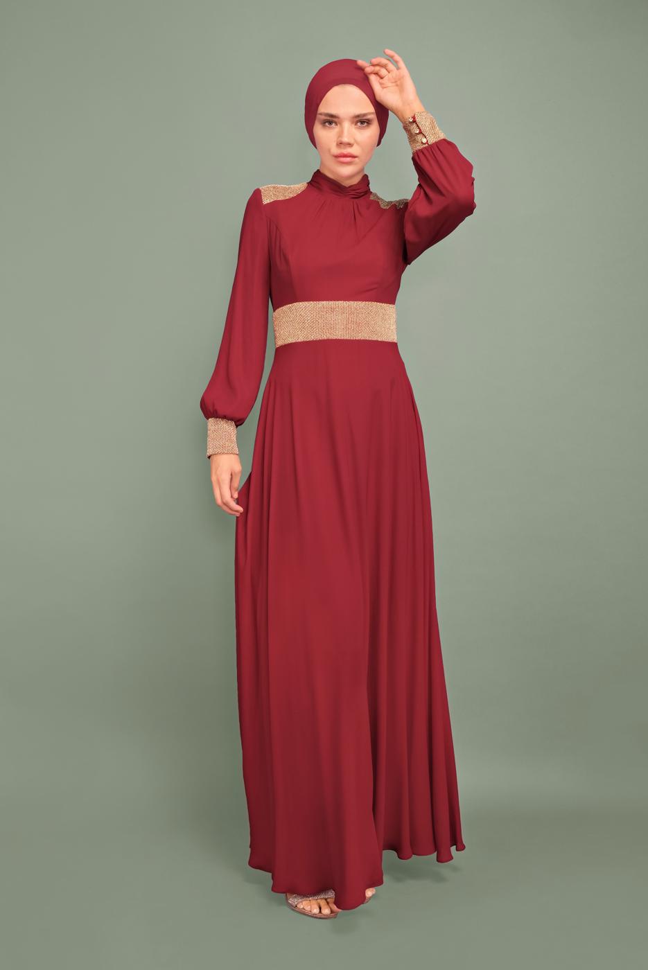 Tesettür giyim BORDO YALDIZLI HAKİM YAKA ABİYE T 5970 