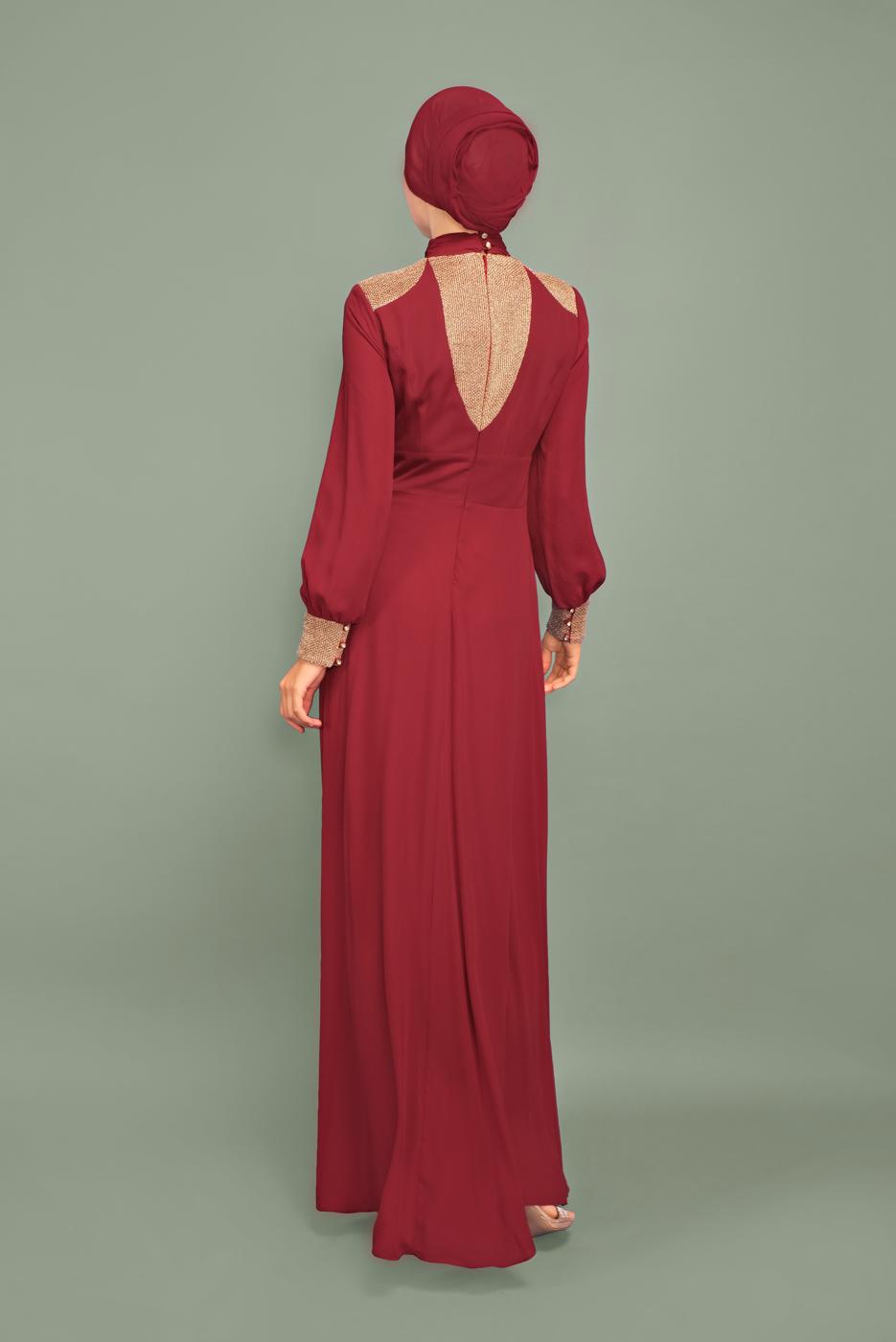 Tesettür giyim BORDO YALDIZLI HAKİM YAKA ABİYE T 5970 