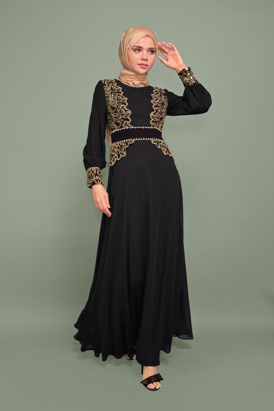 Tesettür giyim SİYAH NAKIŞ İŞLEMELİ ABİYE T 5972 