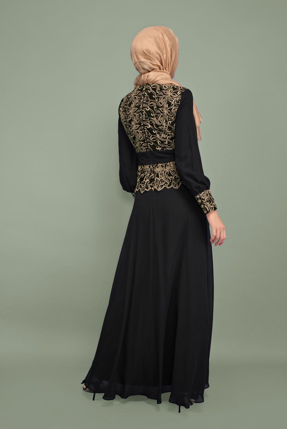 Tesettür giyim SİYAH NAKIŞ İŞLEMELİ ABİYE T 5972 