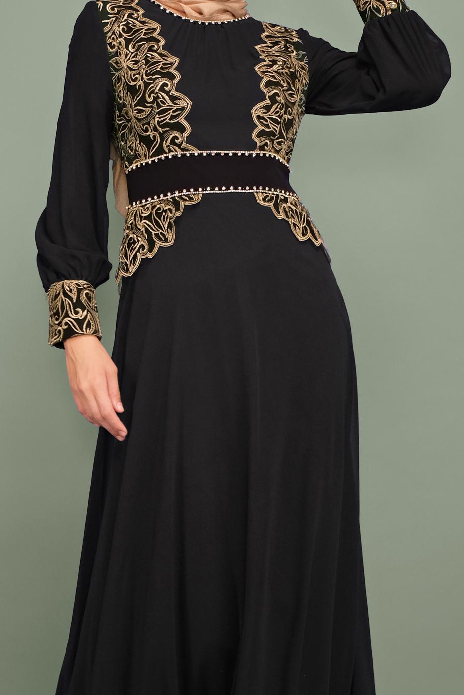 Tesettür giyim SİYAH NAKIŞ İŞLEMELİ ABİYE T 5972 