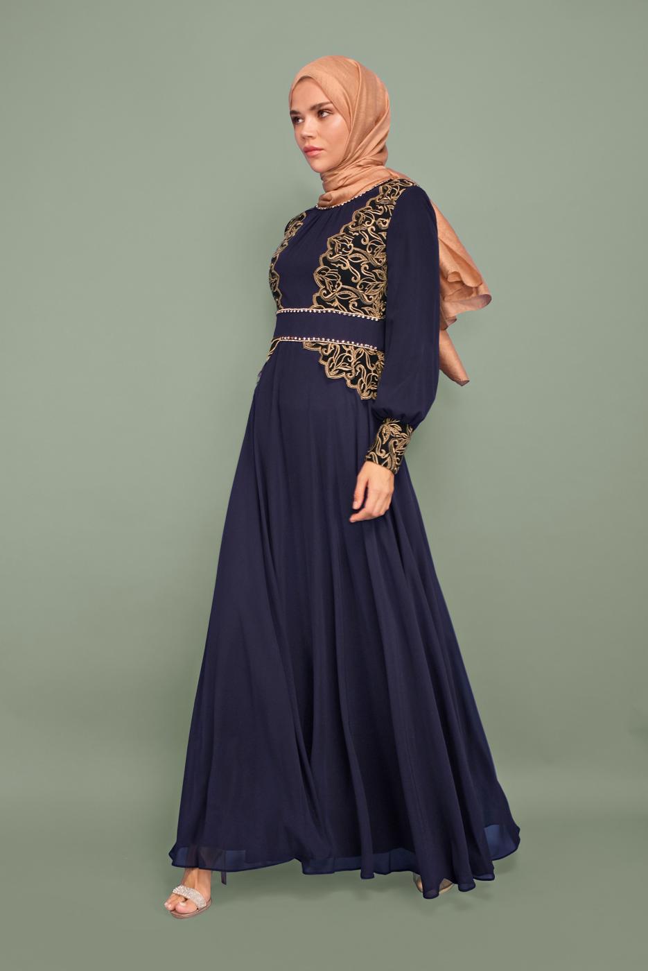 Tesettür giyim LACİVERT NAKIŞ İŞLEMELİ ABİYE T 5972 