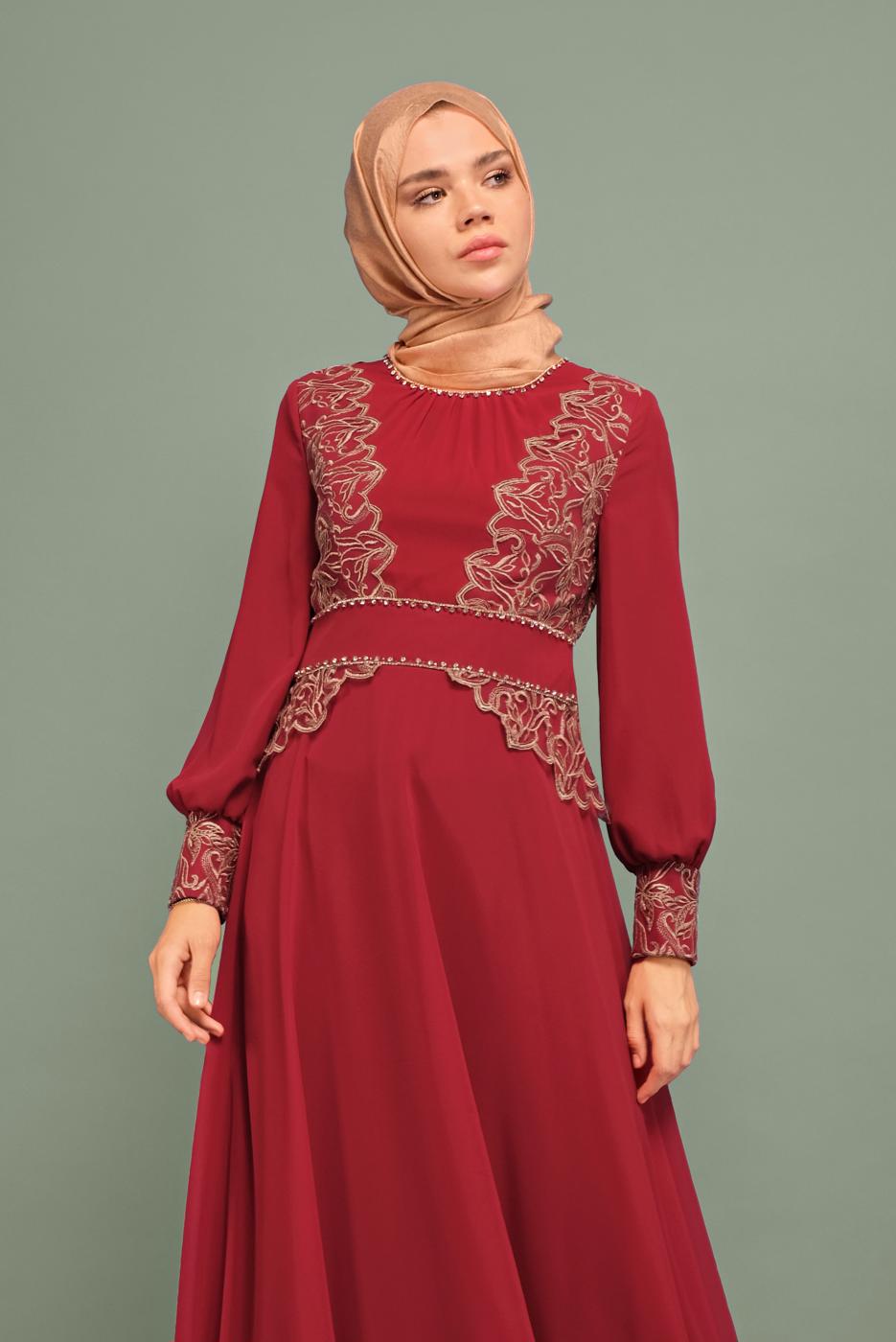 Tesettür giyim BORDO NAKIŞ İŞLEMELİ ABİYE T 5972 