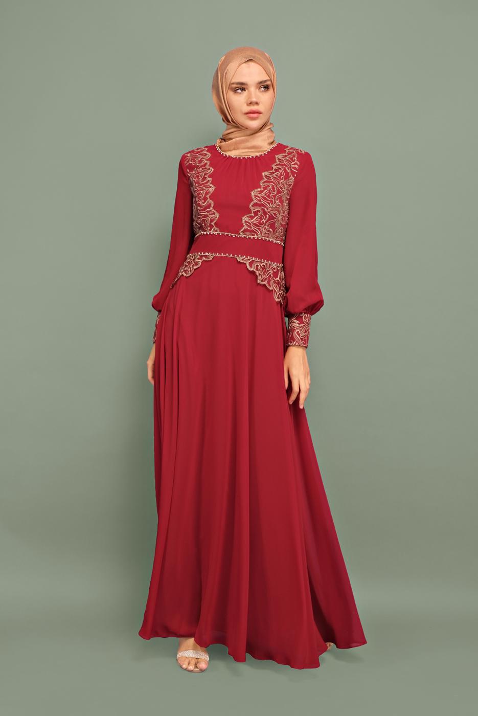 Tesettür giyim BORDO NAKIŞ İŞLEMELİ ABİYE T 5972 