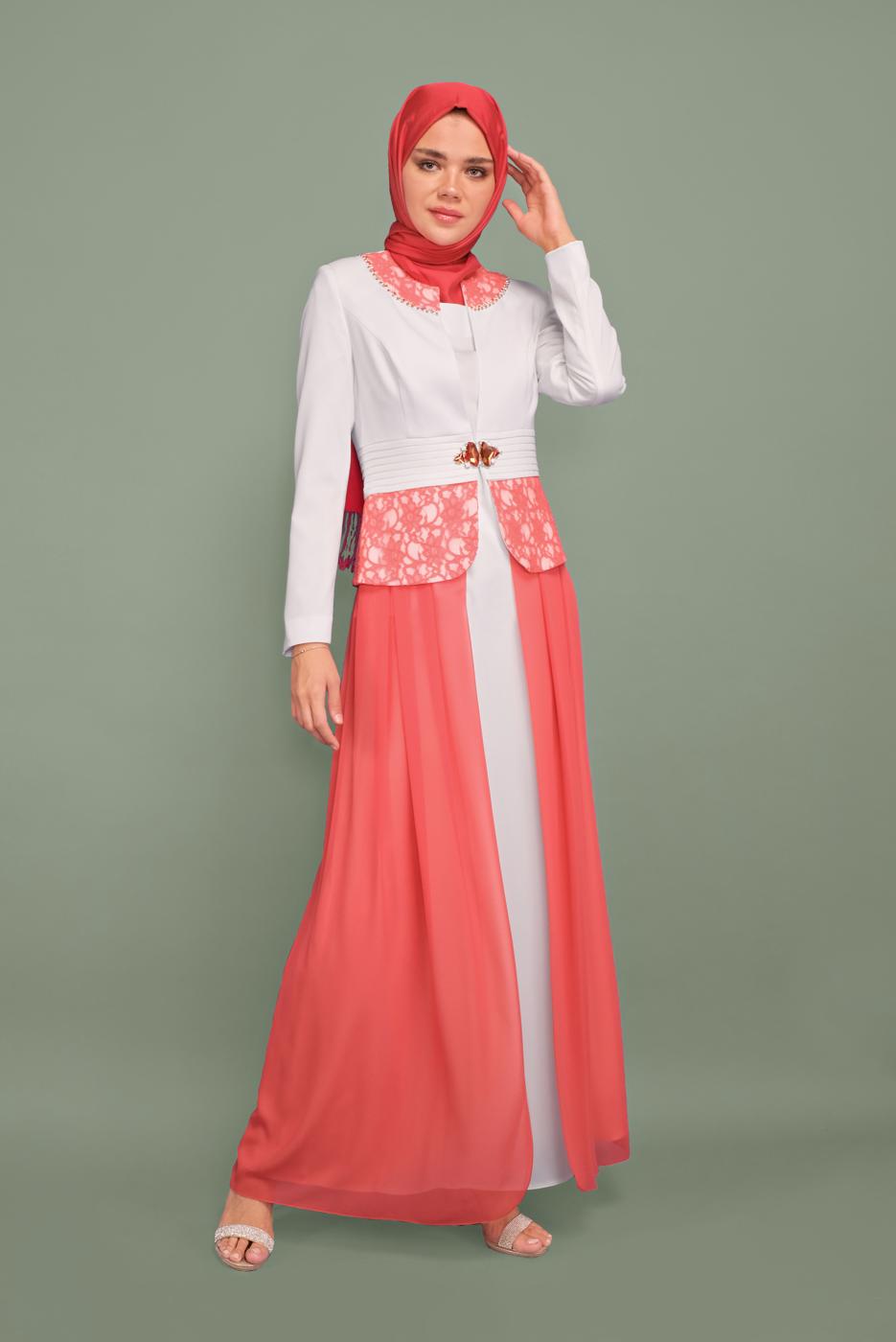 Tesettür giyim MERCAN DANTELLİ TÜLLÜ ABİYE 5980