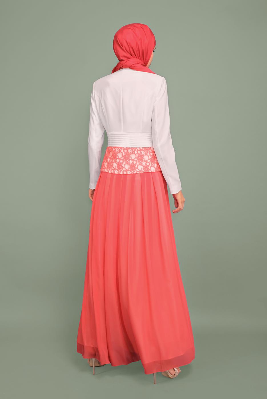 Tesettür giyim MERCAN DANTELLİ TÜLLÜ ABİYE 5980