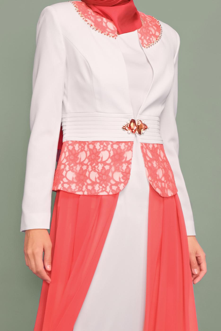 Tesettür giyim MERCAN DANTELLİ TÜLLÜ ABİYE 5980