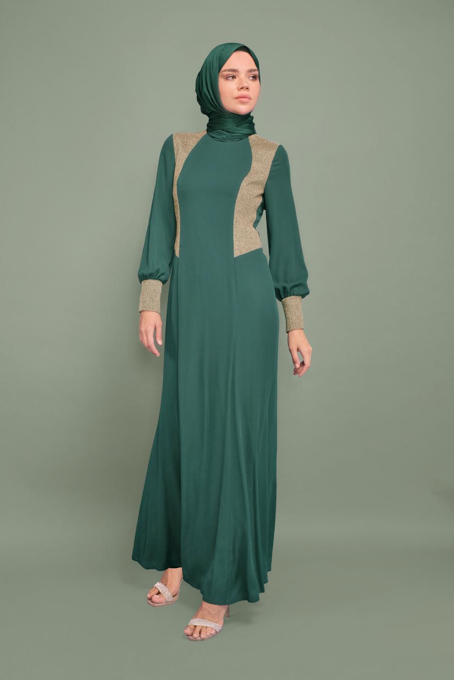 Tesettür giyim YEŞİL YALDIZ DETAYLI ABİYE ELBİSE 5984 