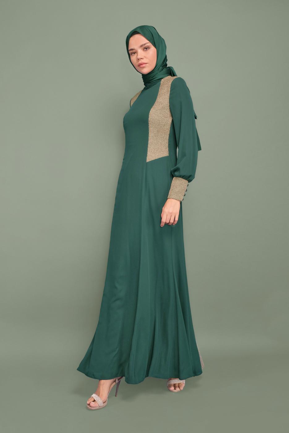 Tesettür giyim YEŞİL YALDIZ DETAYLI ABİYE ELBİSE 5984 
