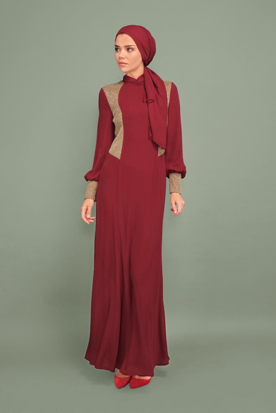 Tesettür giyim BORDO YALDIZ DETAYLI ABİYE ELBİSE 5984 