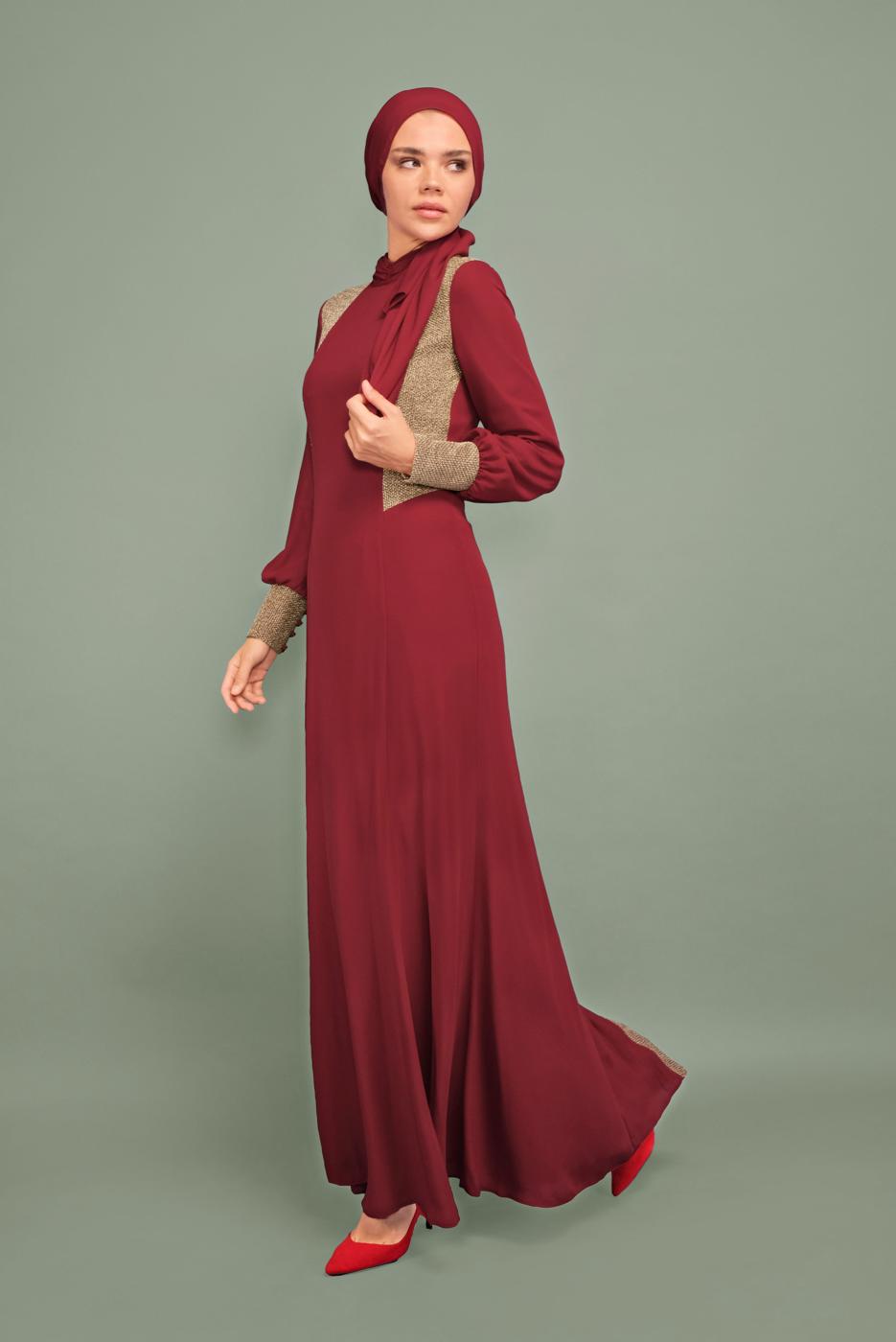 Tesettür giyim BORDO YALDIZ DETAYLI ABİYE ELBİSE 5984 