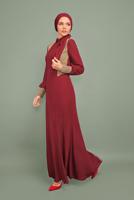 Tesettür giyim BORDO YALDIZ DETAYLI ABİYE ELBİSE 5984 