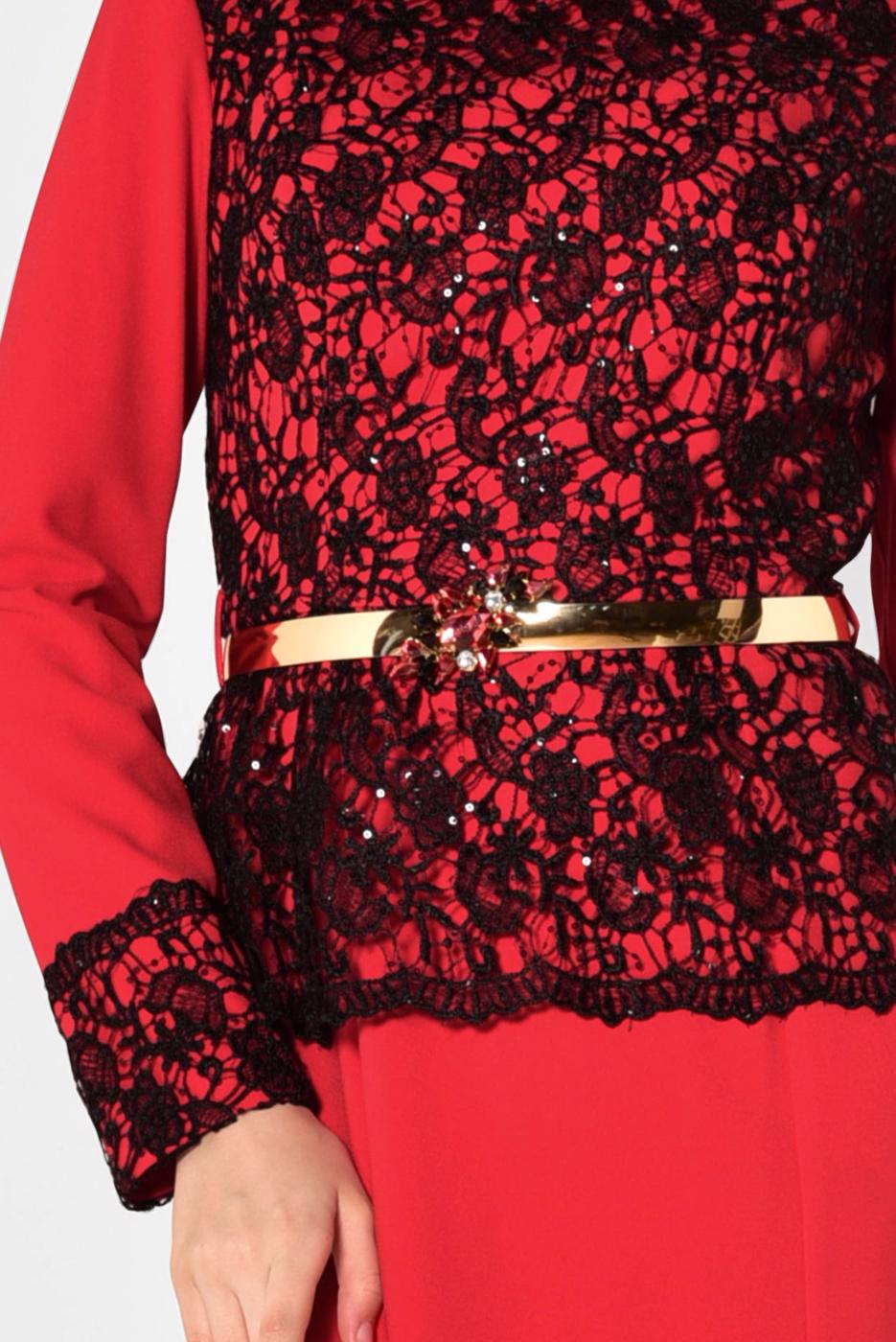 Tesettür giyim KIRMIZI ALVİNA DANTEL DETAYLI ABİYE ELBİSE 5987	