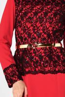 Tesettür giyim KIRMIZI ALVİNA DANTEL DETAYLI ABİYE ELBİSE 5987	