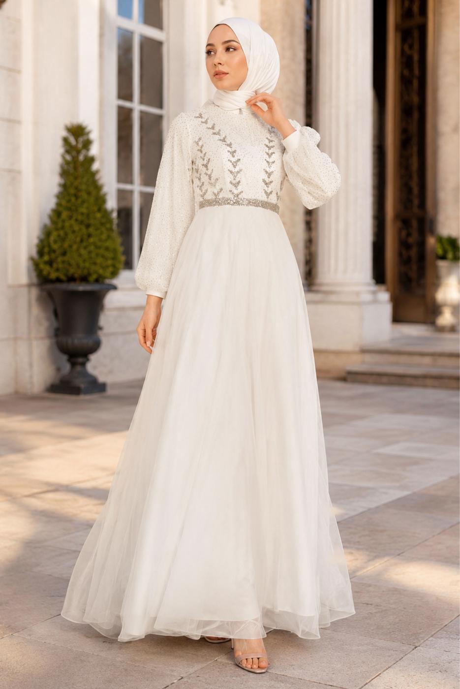 Hijab-Kleidung CREME TÜLL ABENDKLEID T 72110