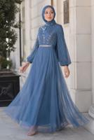 Hijab-Kleidung MARINEBLAU TÜLL ABENDKLEID T 72110