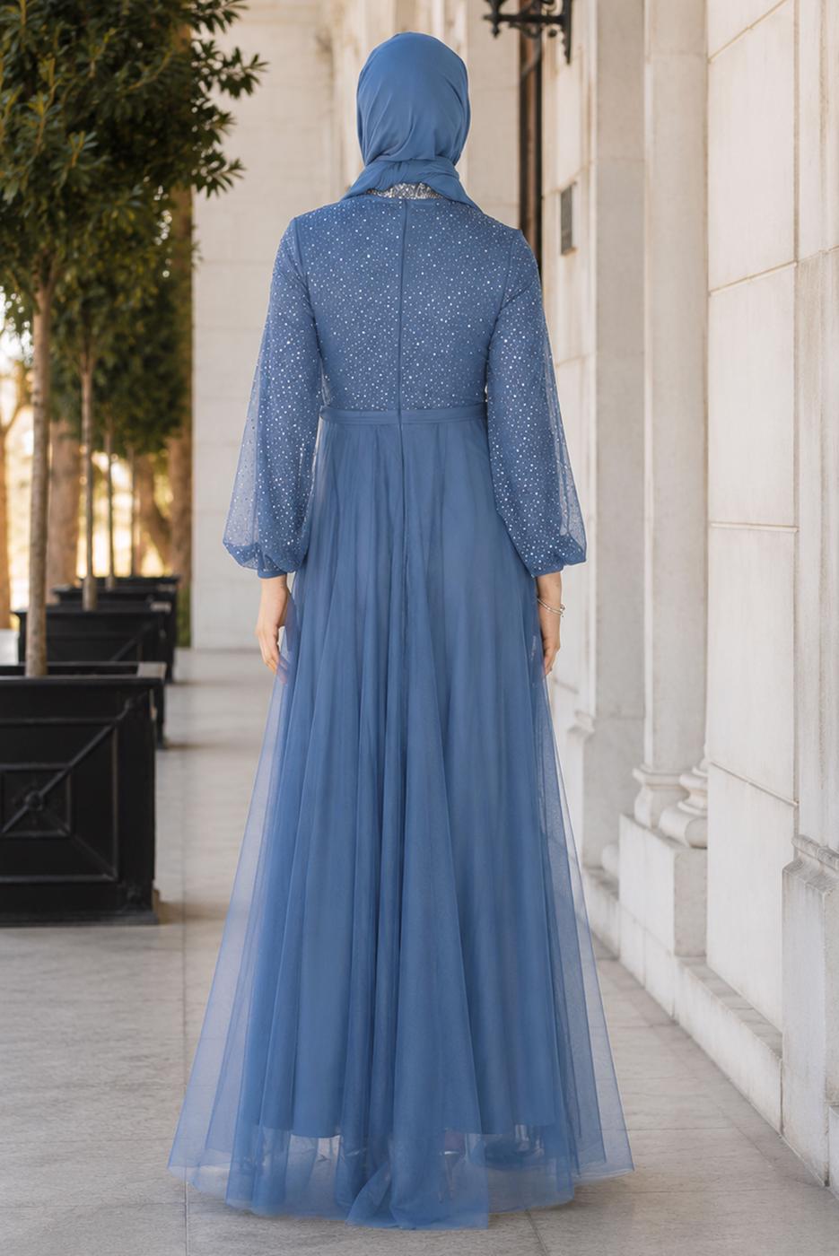 Hijab-Kleidung MARINEBLAU TÜLL ABENDKLEID T 72110