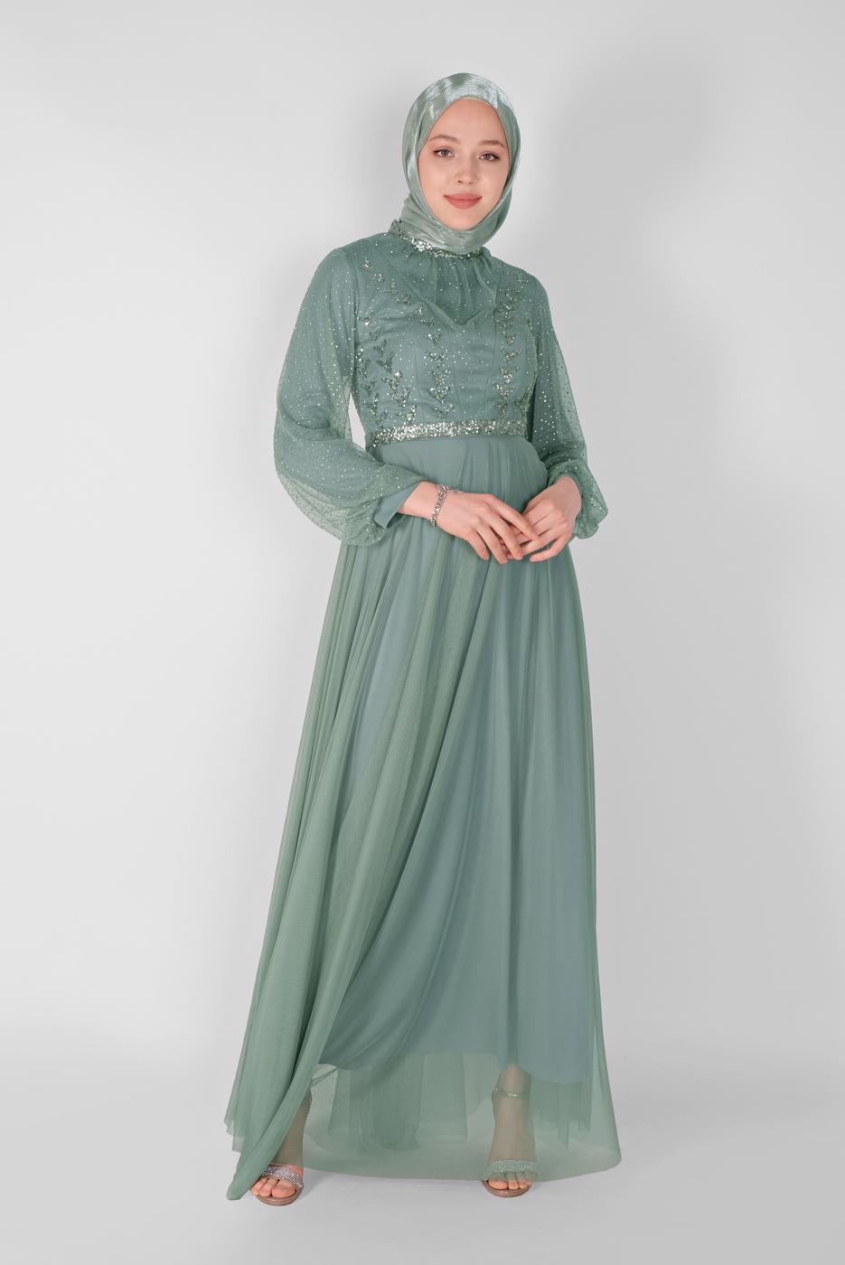 Hijab clothing GREEN TULLE EVENING DRESS 72110