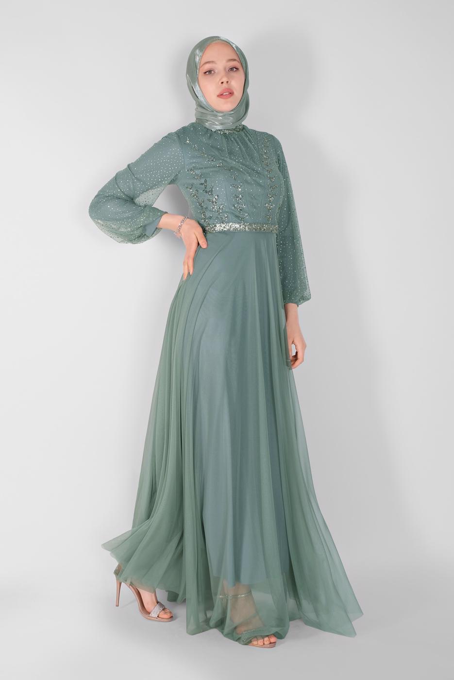 Hijab clothing GREEN TULLE EVENING DRESS 72110
