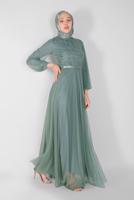 Tesettür giyim YEŞİL TAŞ BASKILI TÜLLÜ ABİYE ELBİSE 72110 