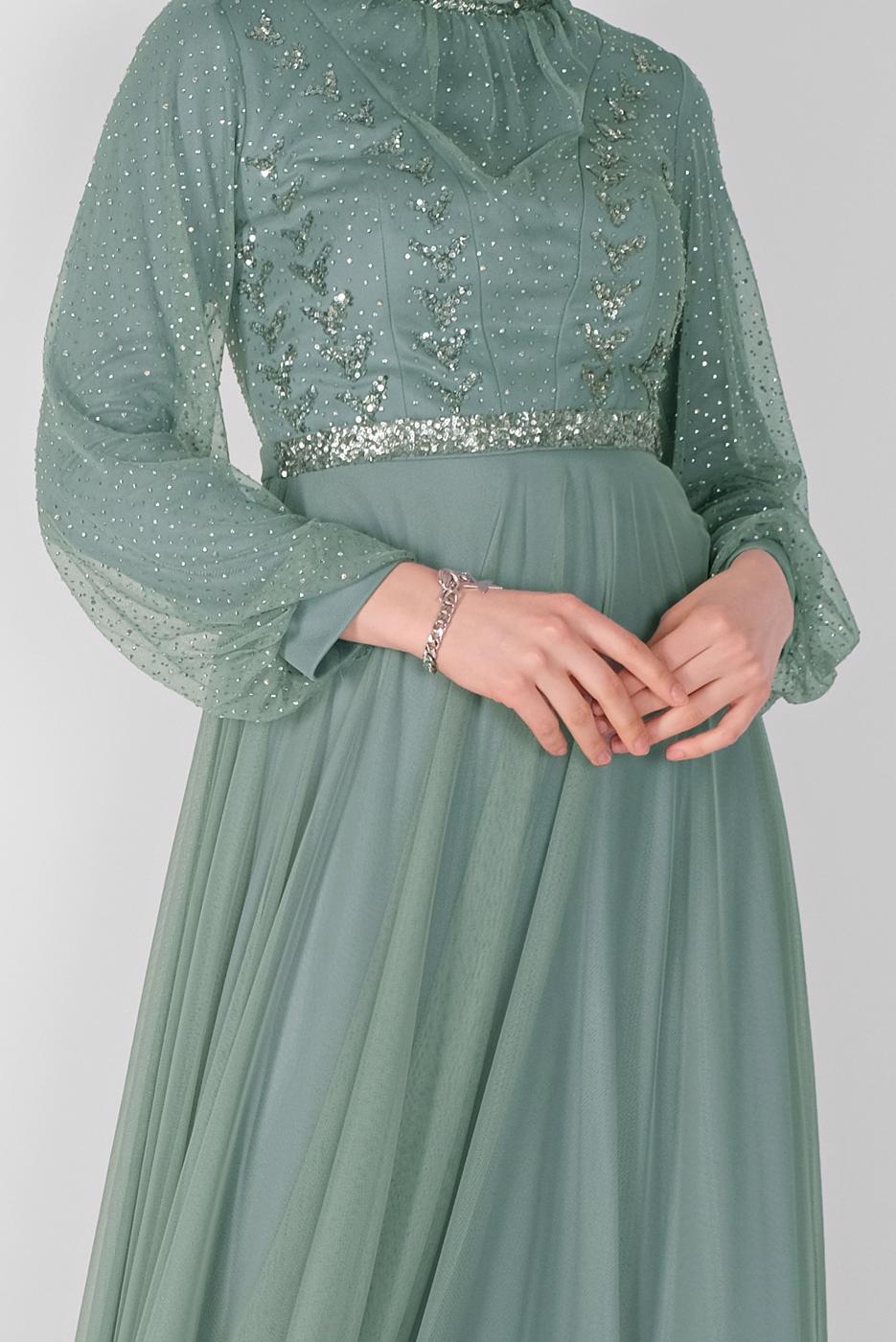 Hijab clothing GREEN TULLE EVENING DRESS 72110