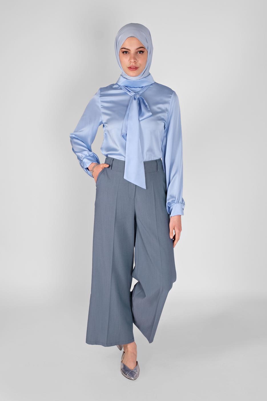 Hijab clothing BLUE SCARF DETAIL SATIN BLOUSE 1242 