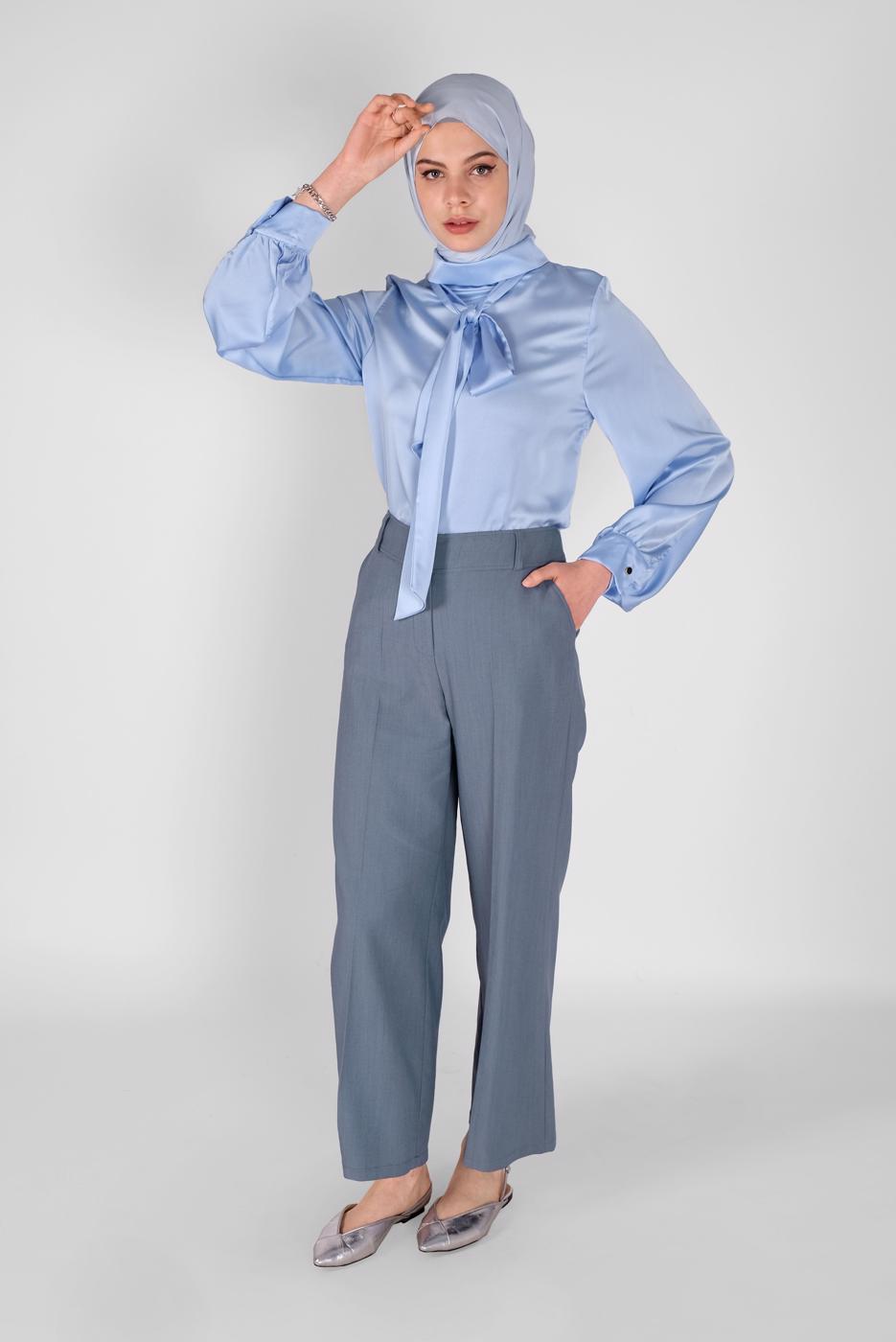 Hijab clothing BLUE SCARF DETAIL SATIN BLOUSE 1242 