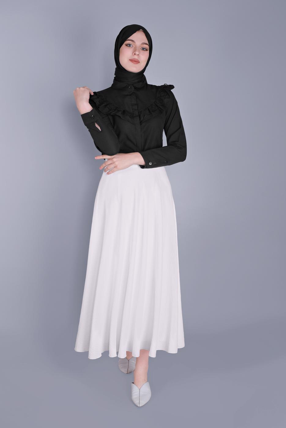 Tesettür giyim SİYAH PAMUKLU FIRFIR DANTEL DETAYLI BLUZ 23257 