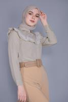 Tesettür giyim BEJ PAMUKLU FIRFIR DANTEL DETAYLI BLUZ 23257 