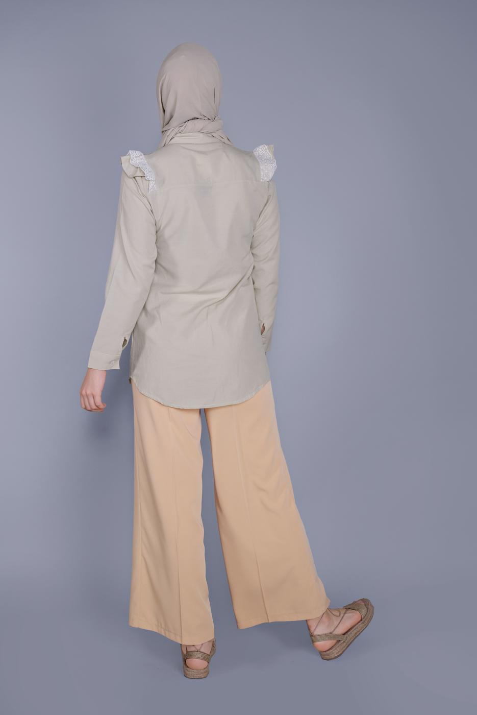 Tesettür giyim BEJ PAMUKLU FIRFIR DANTEL DETAYLI BLUZ 23257 