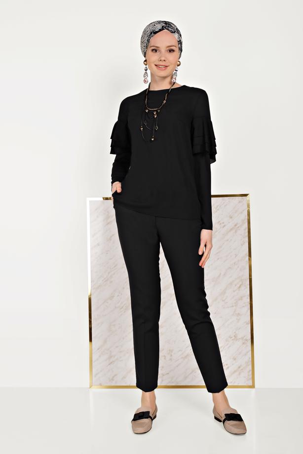 Hijab clothing BLACK ALVİNA FRILLED BLOUSE 40477  - TRENDTESETTÜR