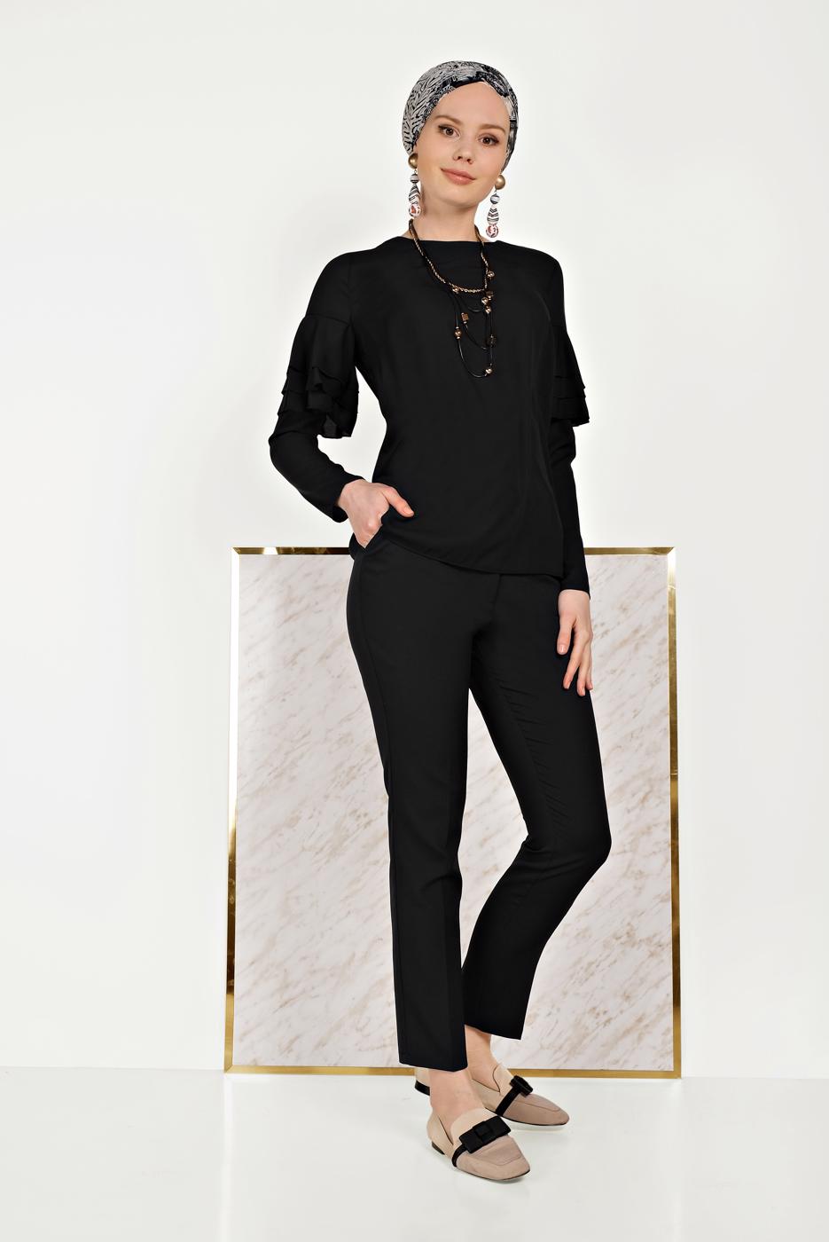 Hijab clothing BLACK ALVİNA FRILLED BLOUSE 40477 